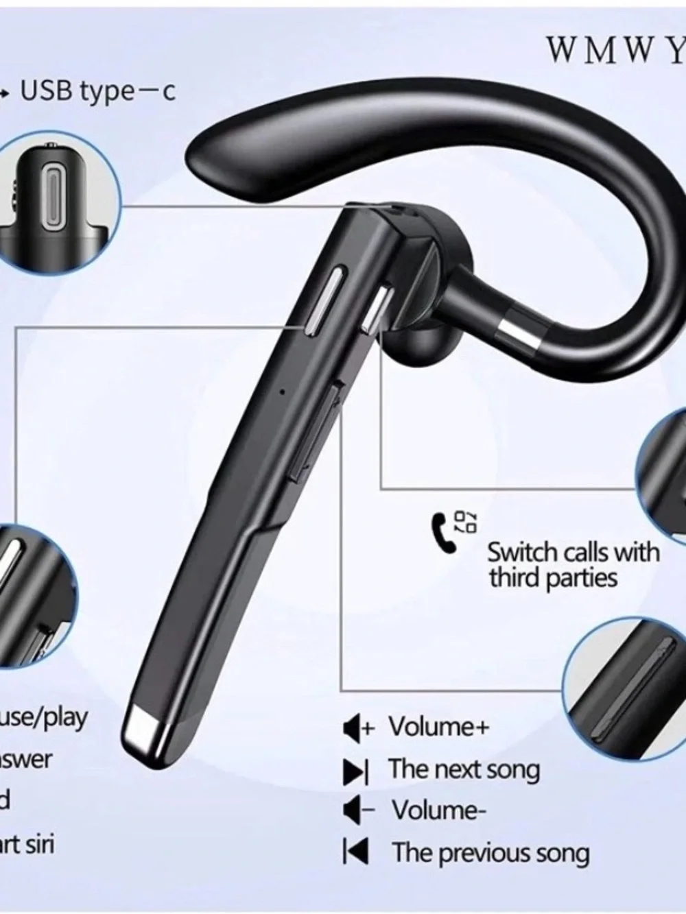 Sleek Black Bluetooth Ear-Hook Headset with Charging Case